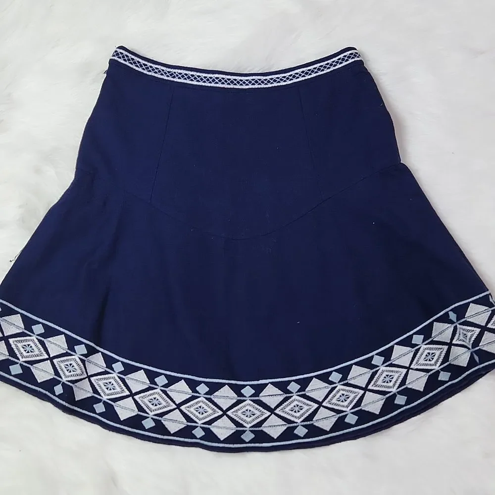 Shoshanna Navy A-line mini skirt  embroidered hem‎ size 2